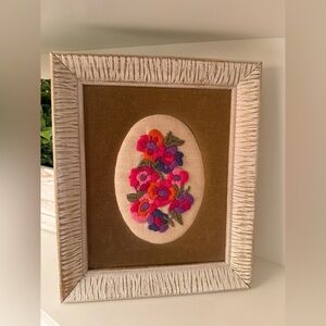 Crewel Embroidery Framed Oval Floral in Vibrant Colors MCM Vintage Cottagecore